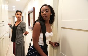 Pale redheads Dani & Lia enjoy a drink of cum on a hot day during a 3some